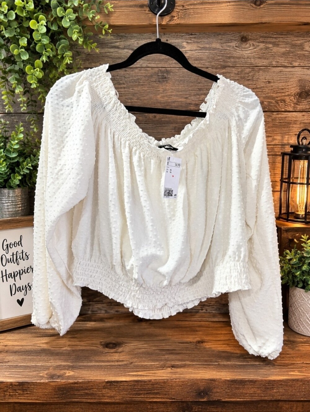 H&M Cream Smocked Swiss Dot Peasant Blouse